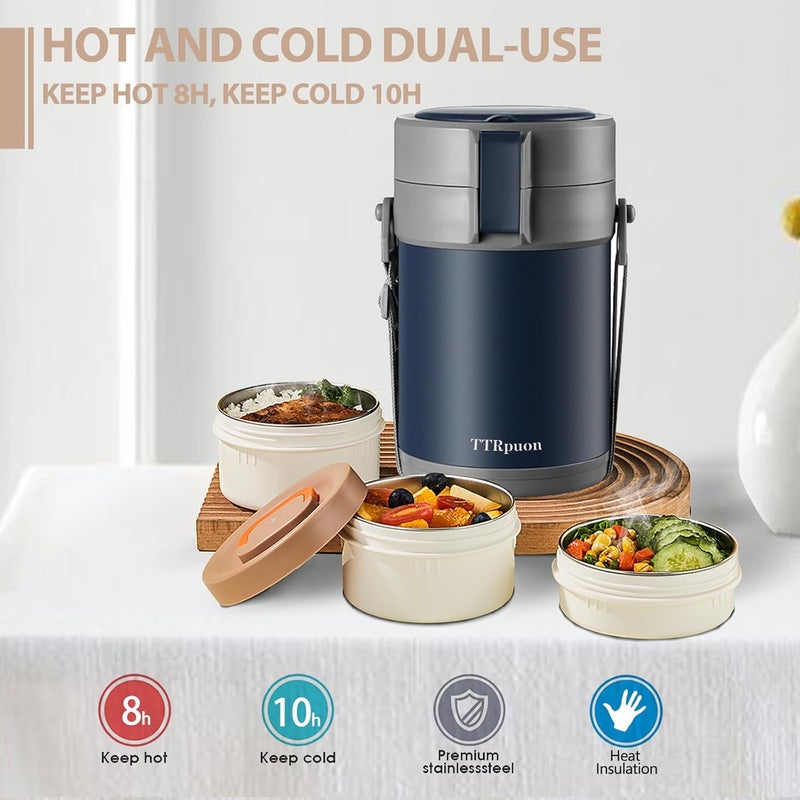 TTrpuon 82oz Thermo Container For Hot Food, 3 Tier Wide Mouth Insulated Stackable Food Container, lunch box for Work Office Outdoors Picnic (BLUE) - Image 4